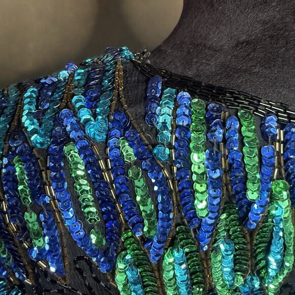 80s Women Stenay Sequin Blouse Top Black Blue Green Beaded Party Glam Occasion - Picture 5 of 11